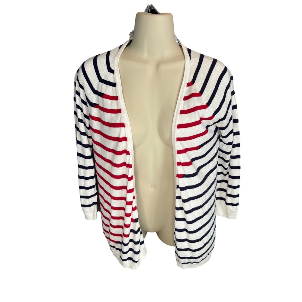 RED cardigan sweater striped navy blue red white knit size S